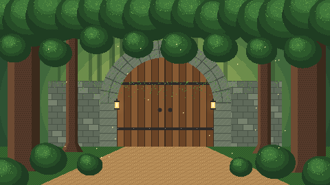 Forest gate: Stone arch, doors, lanterns.